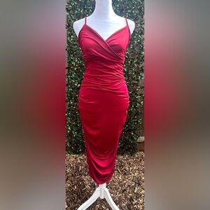 Deep Red Ruched Bodycon Midi Dress Surplice V-Neck Size Small Cocktail